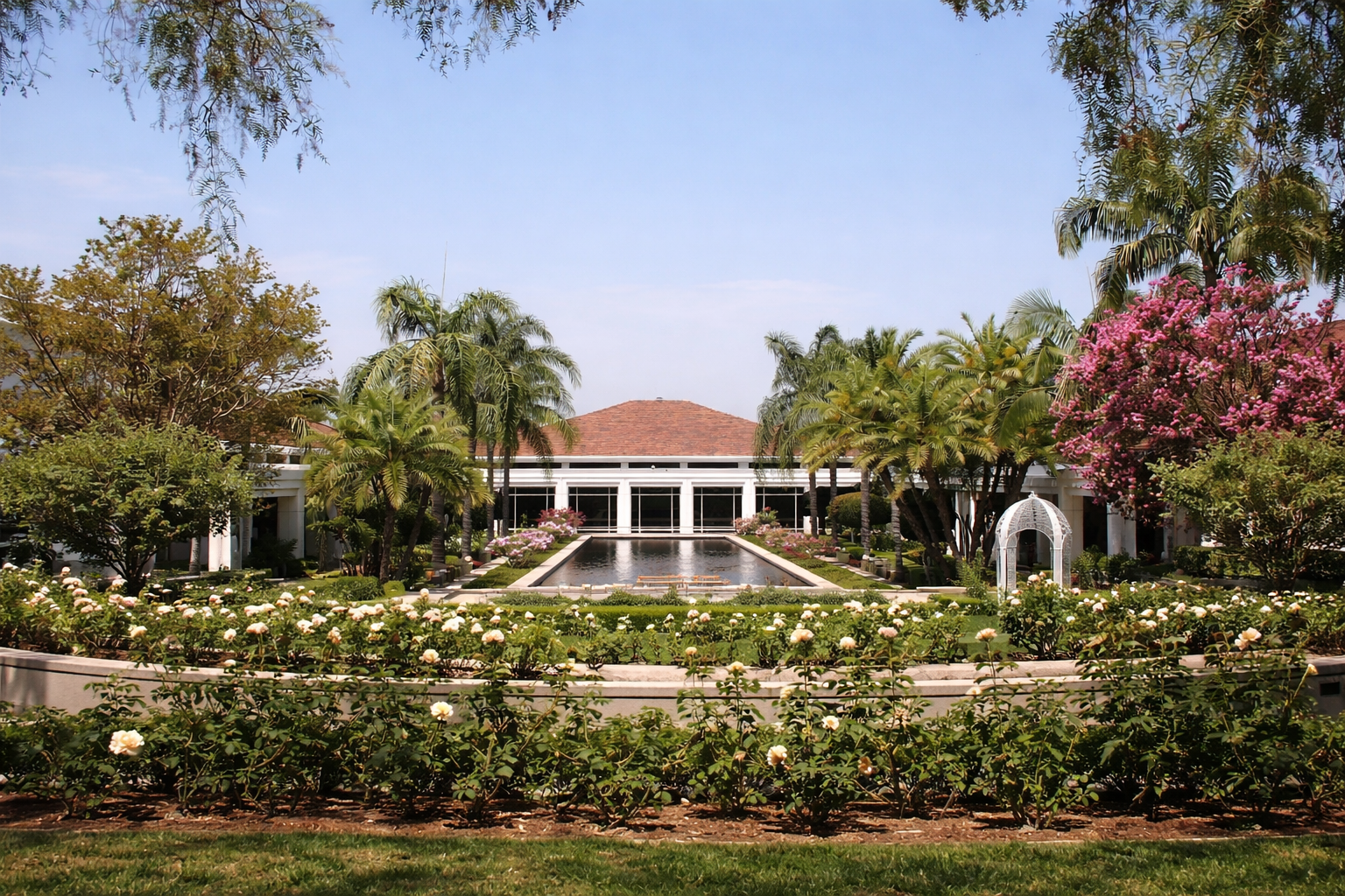 Iconic entrance of the Richard Nixon Presidential Library, a premier landmark for visitors in Yorba Linda