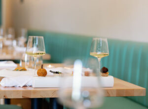 Sophisticated boutique restaurant setting for a wedding rehearsal dinner near the Nixon Library in Yorba Linda.