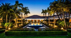 A beautiful sunset view of the reflecting pond and gardens at the Richard Nixon Library in Yorba Linda.