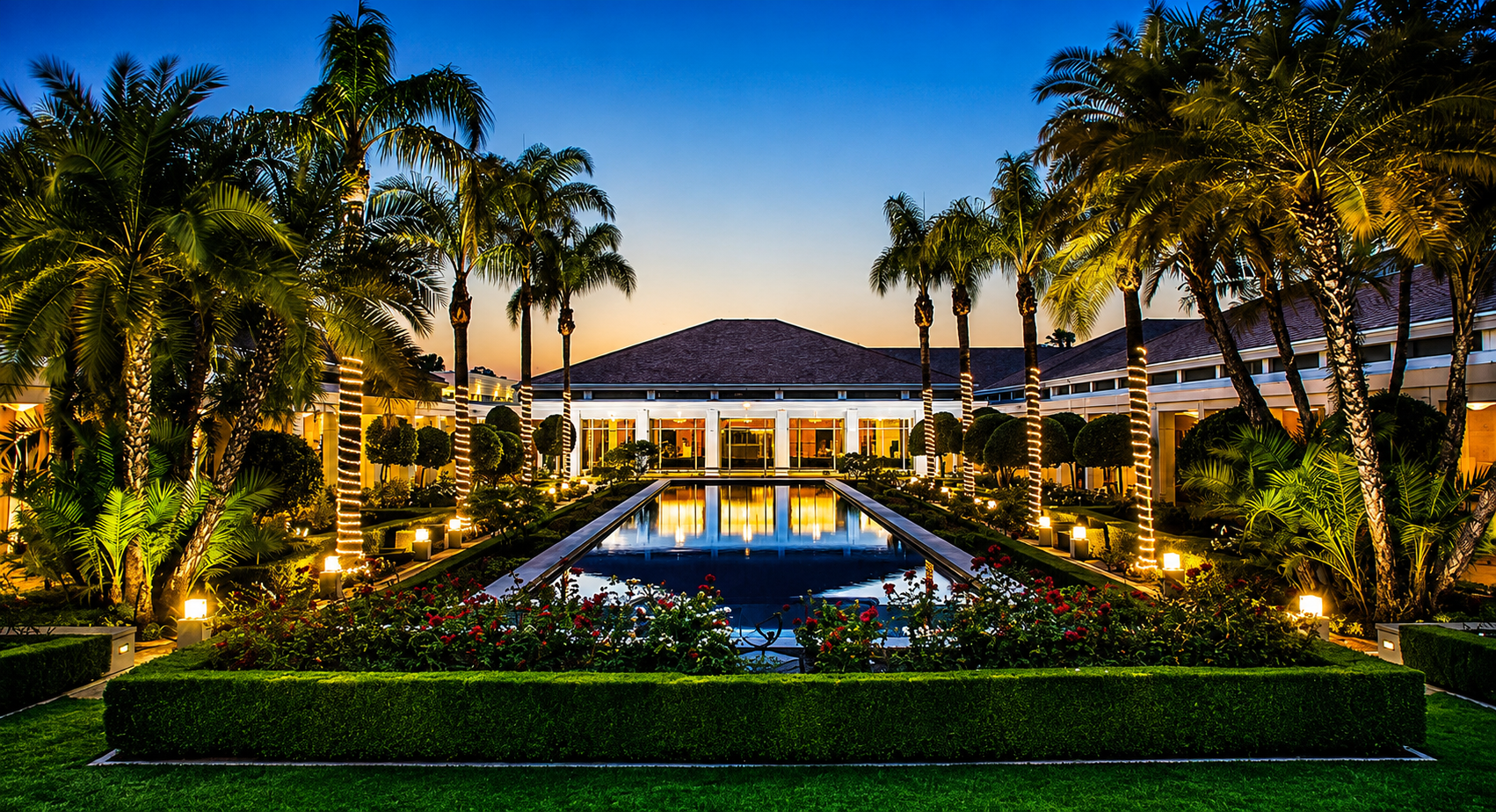 A beautiful sunset view of the reflecting pond and gardens at the Richard Nixon Library in Yorba Linda