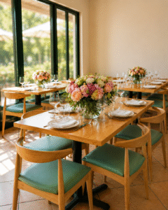 A sun-filled dining room at The Wild Artichoke set for Mother’s Day lunch with fresh floral centerpieces on every table.